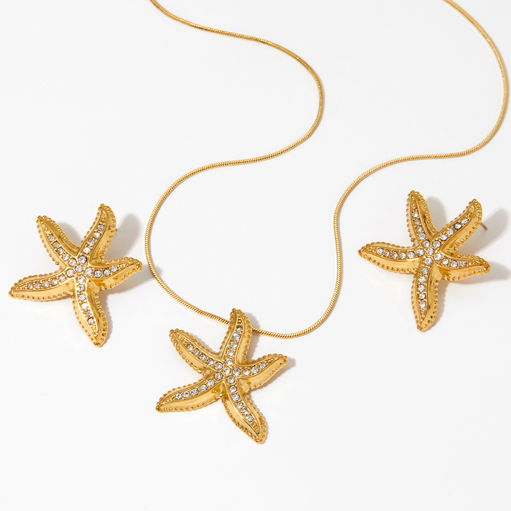 Real Gold Plated 316 Stainless Steel  Ion Plating (IP) Starfish Waterproof Non Tarnish Marine Style Beach Cable Chain Earrings Necklace For Women's