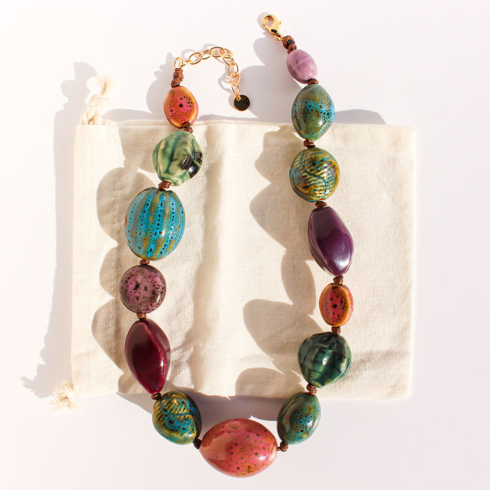 Art Oil Painting Color Plated 24K Real Gold Contrast Old Ceramic Handmade Beaded Necklace Women's Accessories 766