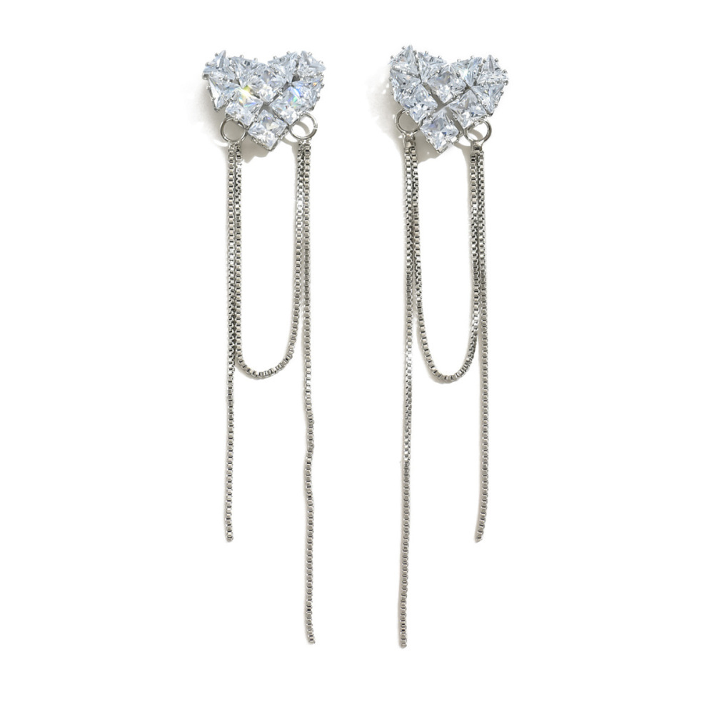 14K Gold Plated Long Tassel Earrings French Vintage Zircon Heart Shaped Elegant Women's Fashion Jewelry Accessories