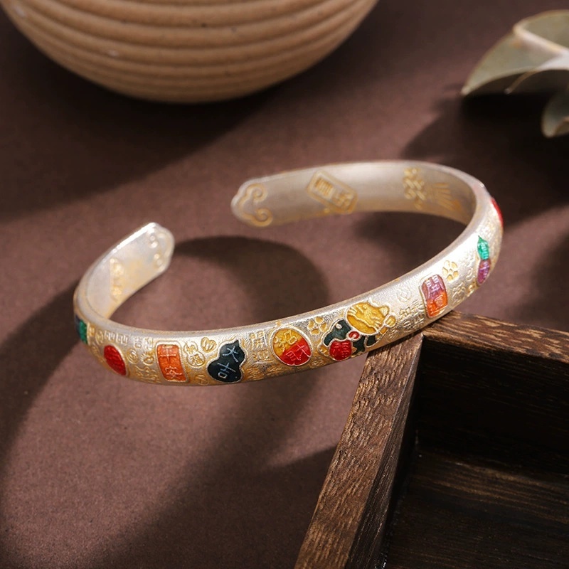 Vintage Ethnic Style Silver-Plated Bracelet Enamel Lucky Cat Auspicious Bracelet For Women New Chinese Style National Style Copper Universal Electroplated Silver Bracelet Gift For Girlfriend