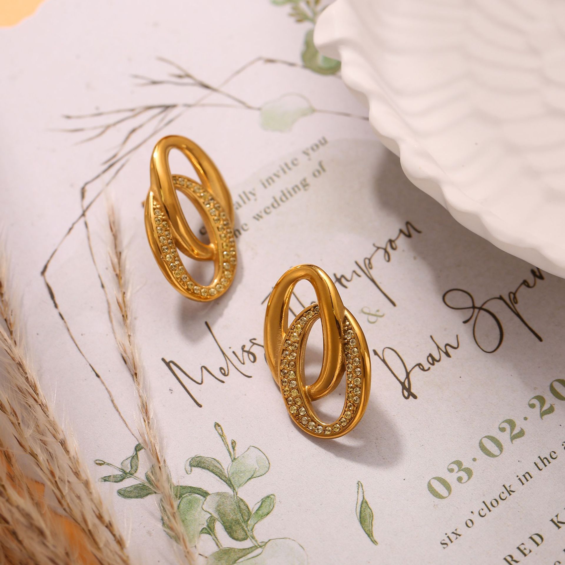 UV Electroplated 18K Real Gold Stainless Steel Casting Double O Splicing Zirconia Earrings Niche European And American Style Trendy Fashion Earrings