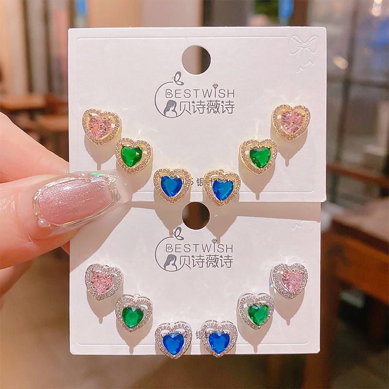 New High-grade Color Zircon Love Earrings Three Pair Of Women's Silver Needle Elegant Earrings 6-piece Earrings