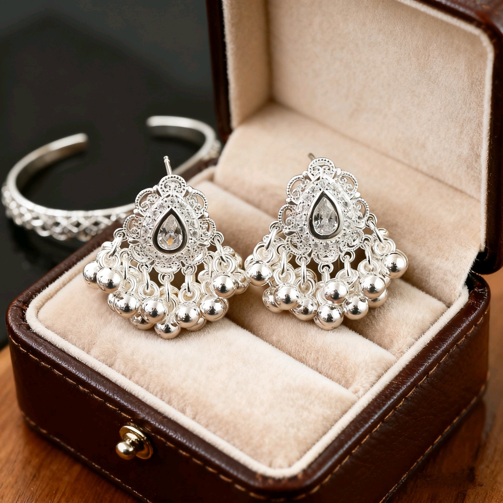 Bohemian Style Copper Plated Thick Silver Fashion Tassel Silver Full Diamond Metal Small Ball Earrings High-end Lace Edge Drop Earrings