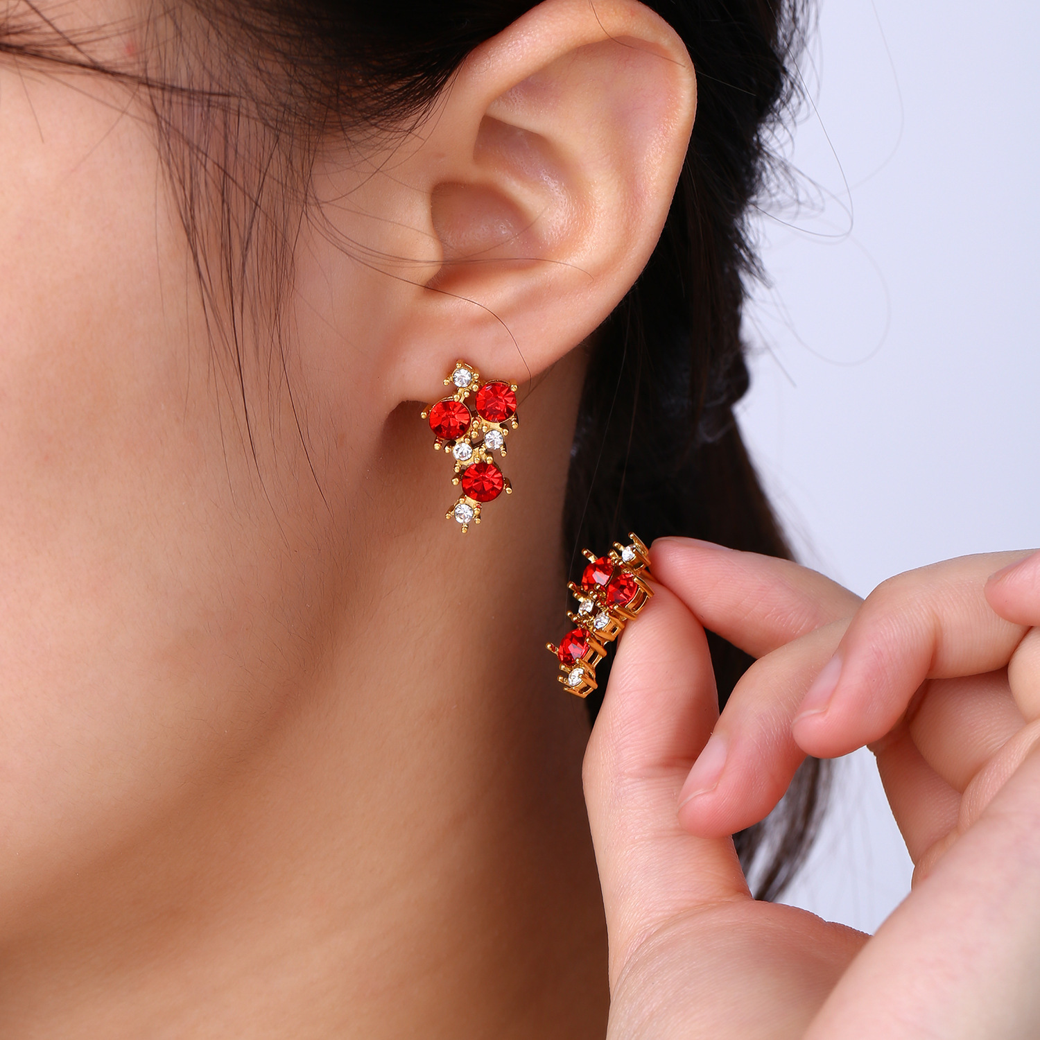 Fashionable Red Cherry Titanium Steel Earrings Women's Exquisite Design Luxury Light Earring Jewelry Accessories