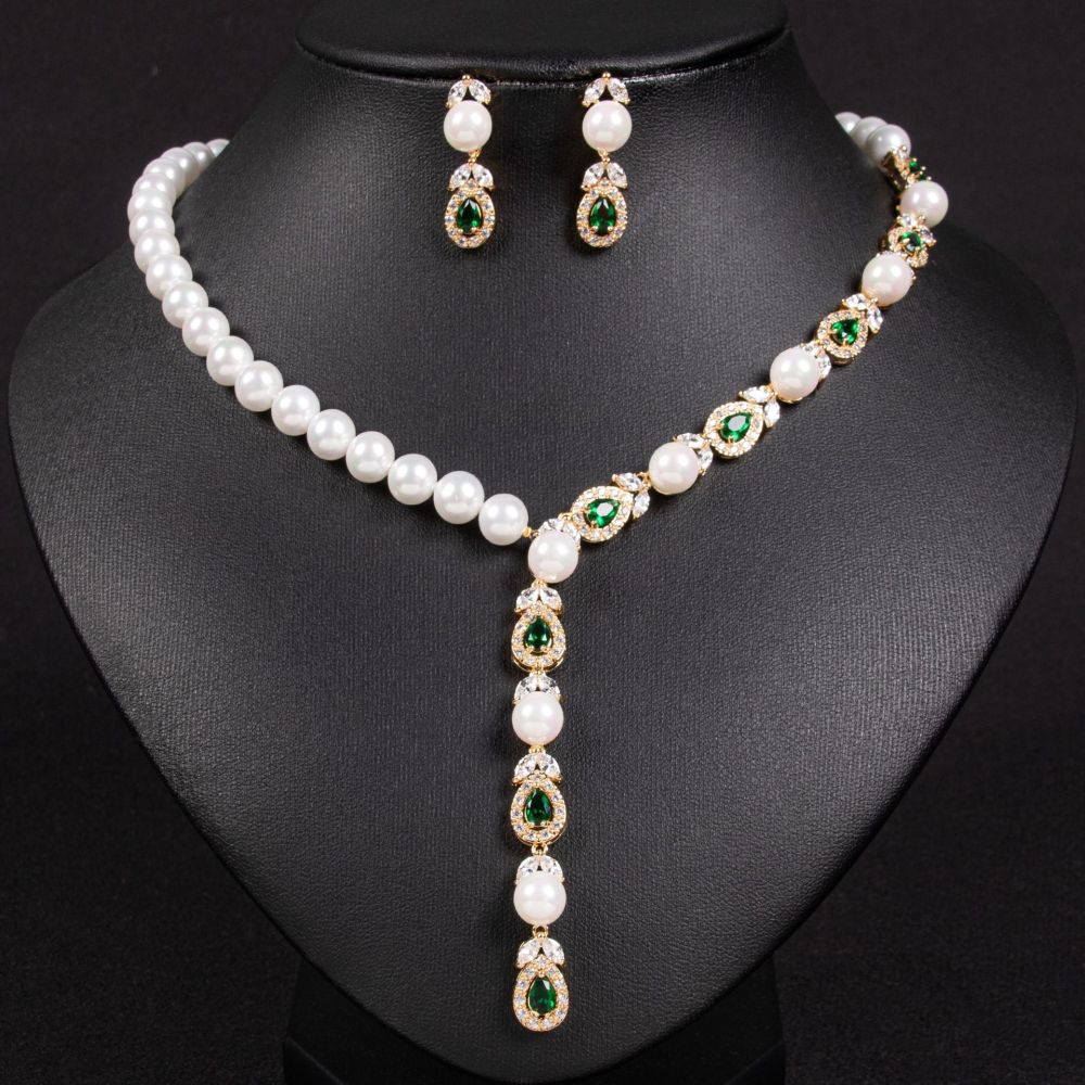 Exquisite Pearl Necklace And Earring Set Full Of Diamonds AAA Zirconia Wedding Accessories Luxury Jewelry For Women Copper
