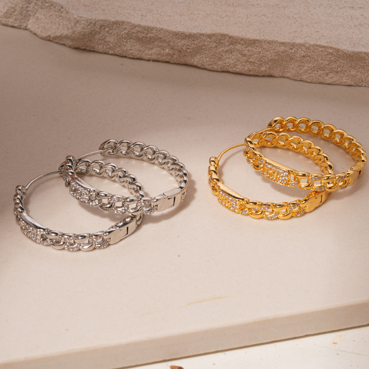 Exquisite Gold Plated Round Chain Zirconia Earrings Women's Fashion Jewelry Ear Cuffs Geometric Pattern Luxury Feelings