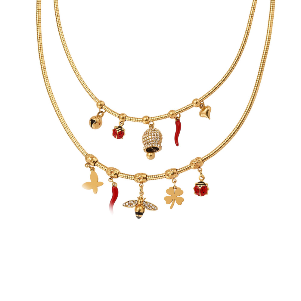 Stainless Steel Zirconia Pendant Oil Drop Red Pepper Ladybug Bee Bell Tassel Women's Necklace Unique Style Jewelry Accessories