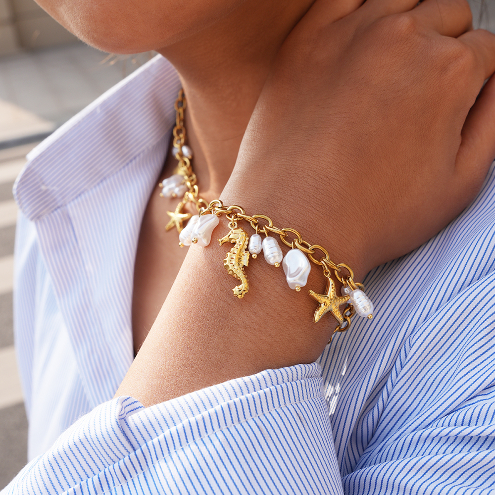 18K Gold Plated 304 Stainless Steel Vacuum Electroplated Artificial Pearl Ocean Bracelet Women's Jewelry Accessories Waterproof Non-Fading Three-Dimensional Asymmetric Handmade Chain