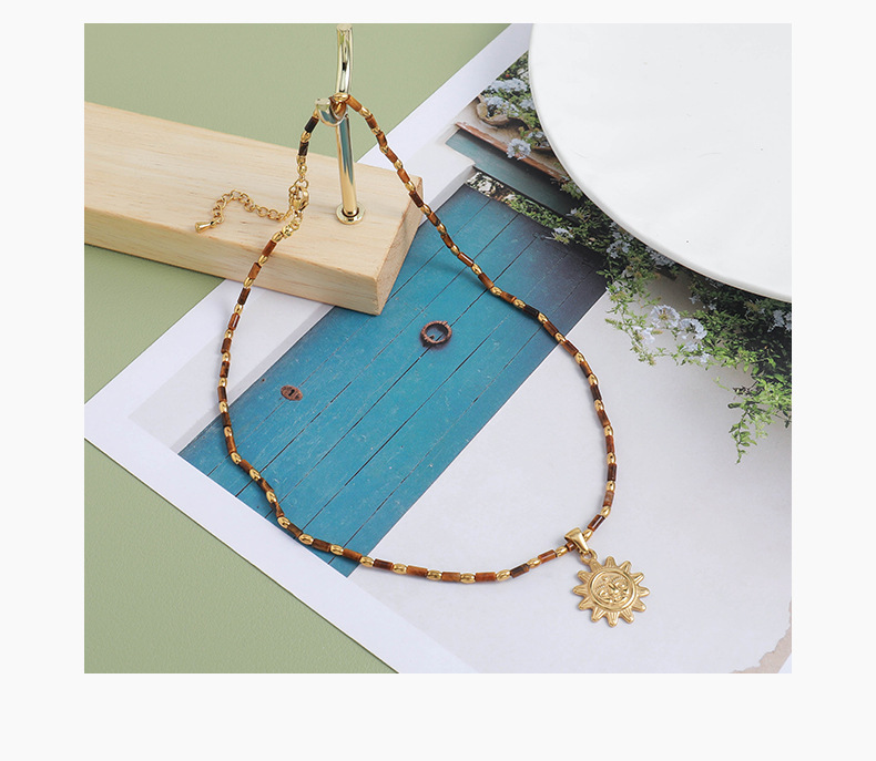 Handmade Tiger Eye Stone Beads Necklace Women's Style Stainless Steel Sun Pendant Clavicle Chain Geometric Pattern Natural Stone