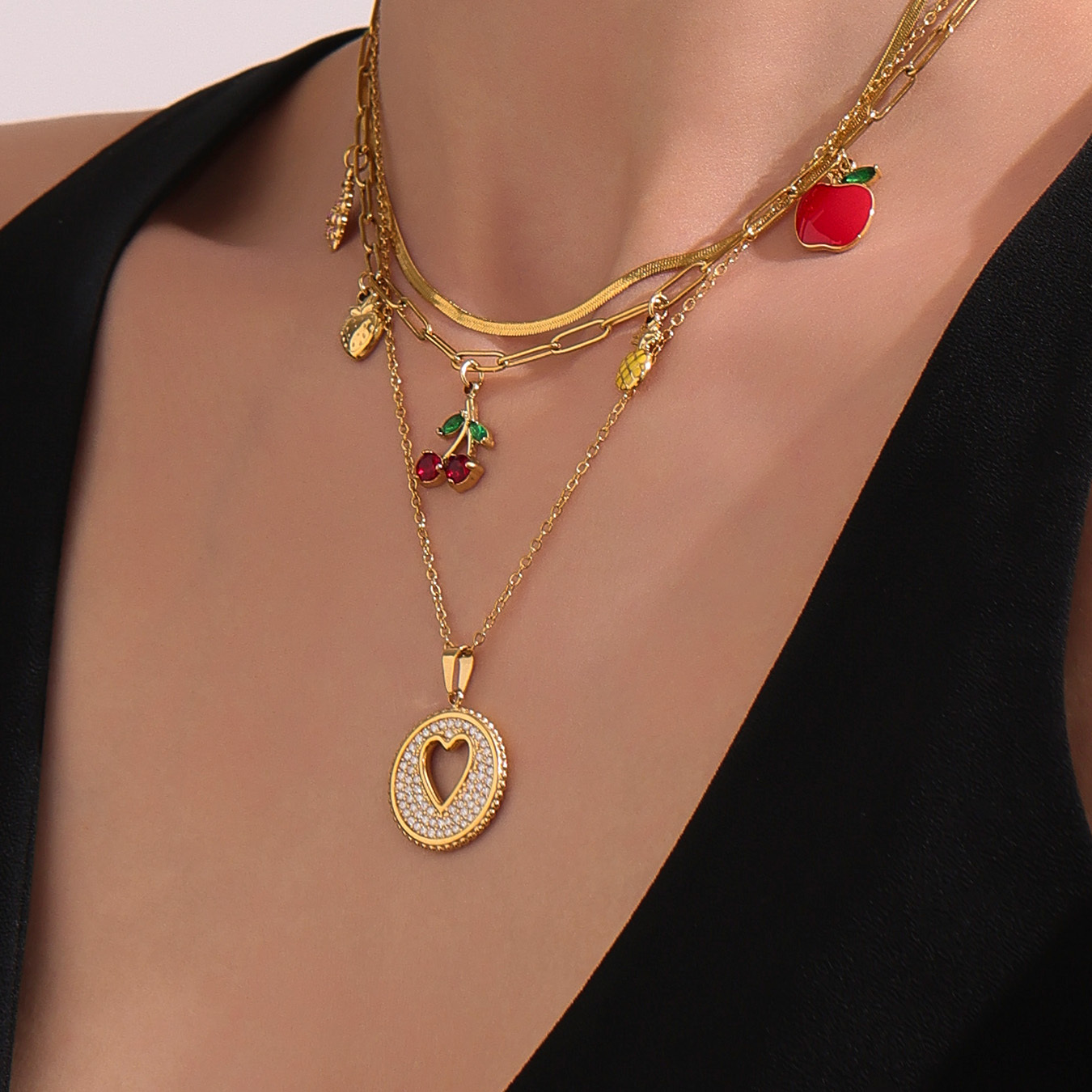 Stainless Steel DIY Fruit Pendant Necklace Round Hollow Heart Zirconia Cherry Grape Pineapple Design Jewelry For Women Lobster Clasp