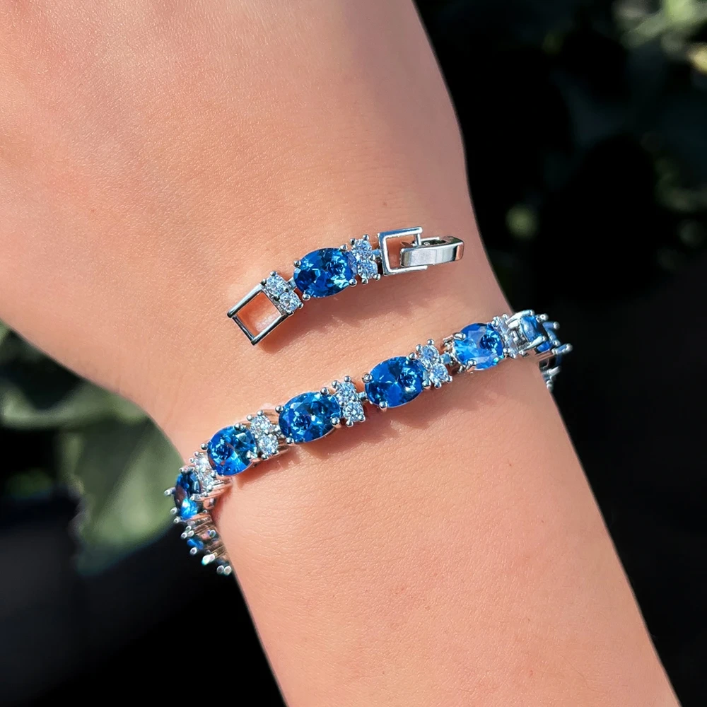 1 Copper Bracelet New Luxurious Blue Oval Cubic Zirconia Tennis Bracelet Suitable For Women Bride Wedding Evening Jewelry Accessories