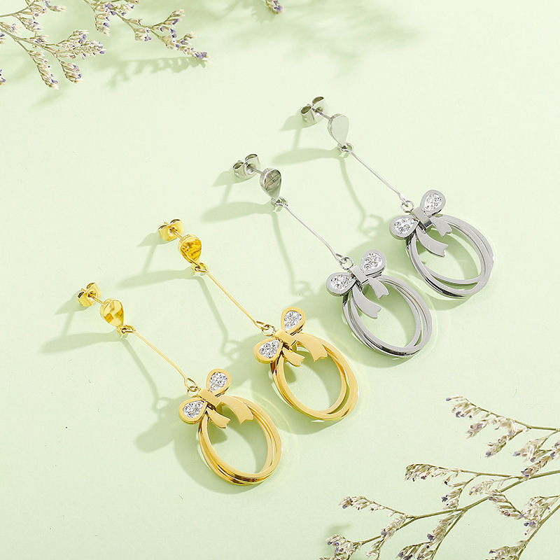 304 Stainless Steel Bow Knot PVD Coated Zircon 18K Real Gold Plated Simple Style Classic Style Waterproof Non Tarnish Inlay Jewelry Set