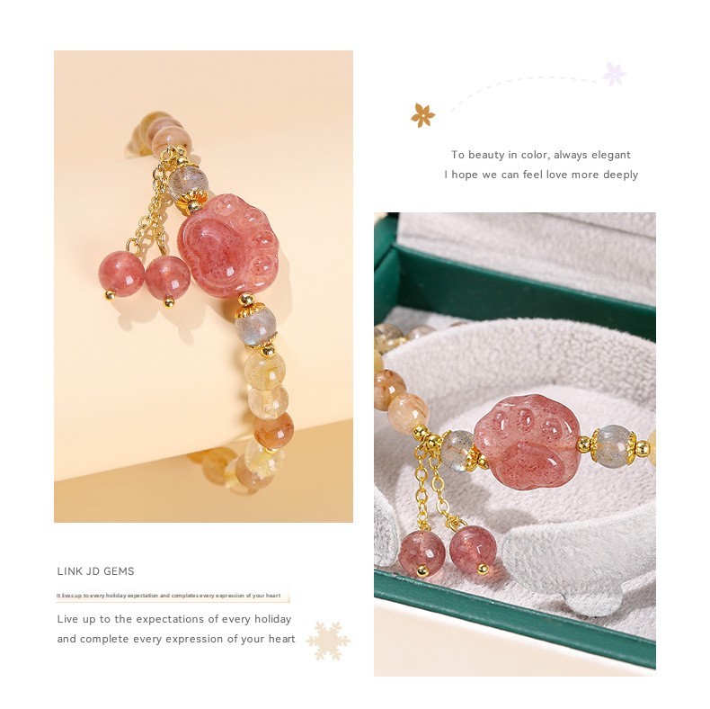 Natural Crystal Cat Paw Bracelet For Girls Cute Tassel Accessories Strawberry Crystal Hair Jewelry Crystal Animal Pattern Jewelry