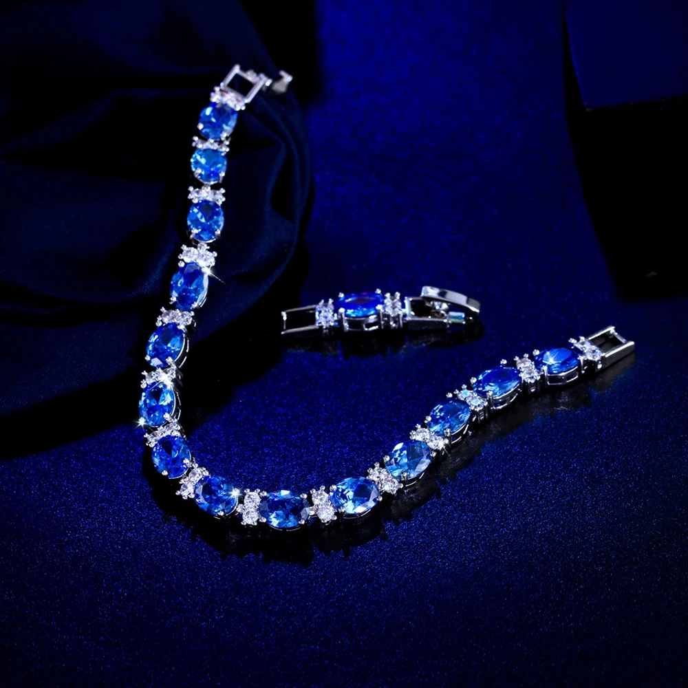 1 Copper Bracelet New Luxurious Blue Oval Cubic Zirconia Tennis Bracelet Suitable For Women Bride Wedding Evening Jewelry Accessories