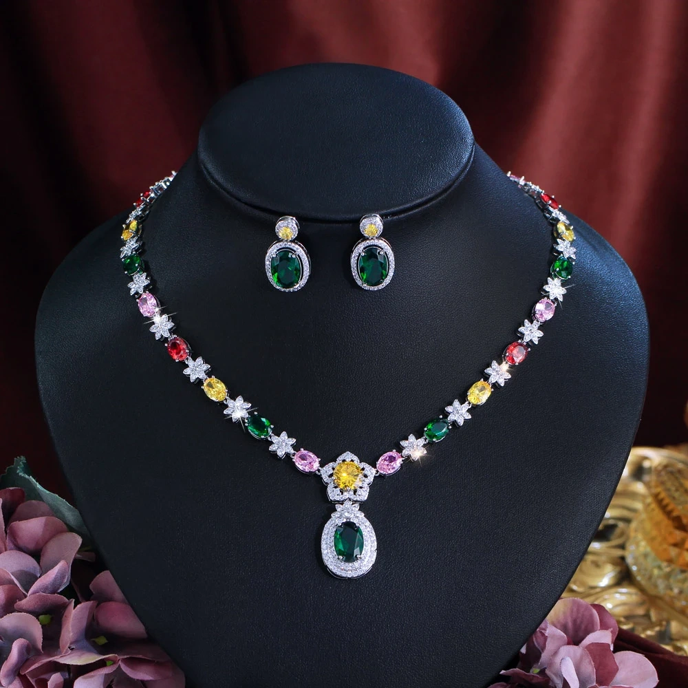 Water Plated White Gold Inlaid Colorful Zircon Flower Design Women's Wedding Jewelry Two-Piece Set Waterproof Non-Fading Tennis Chain