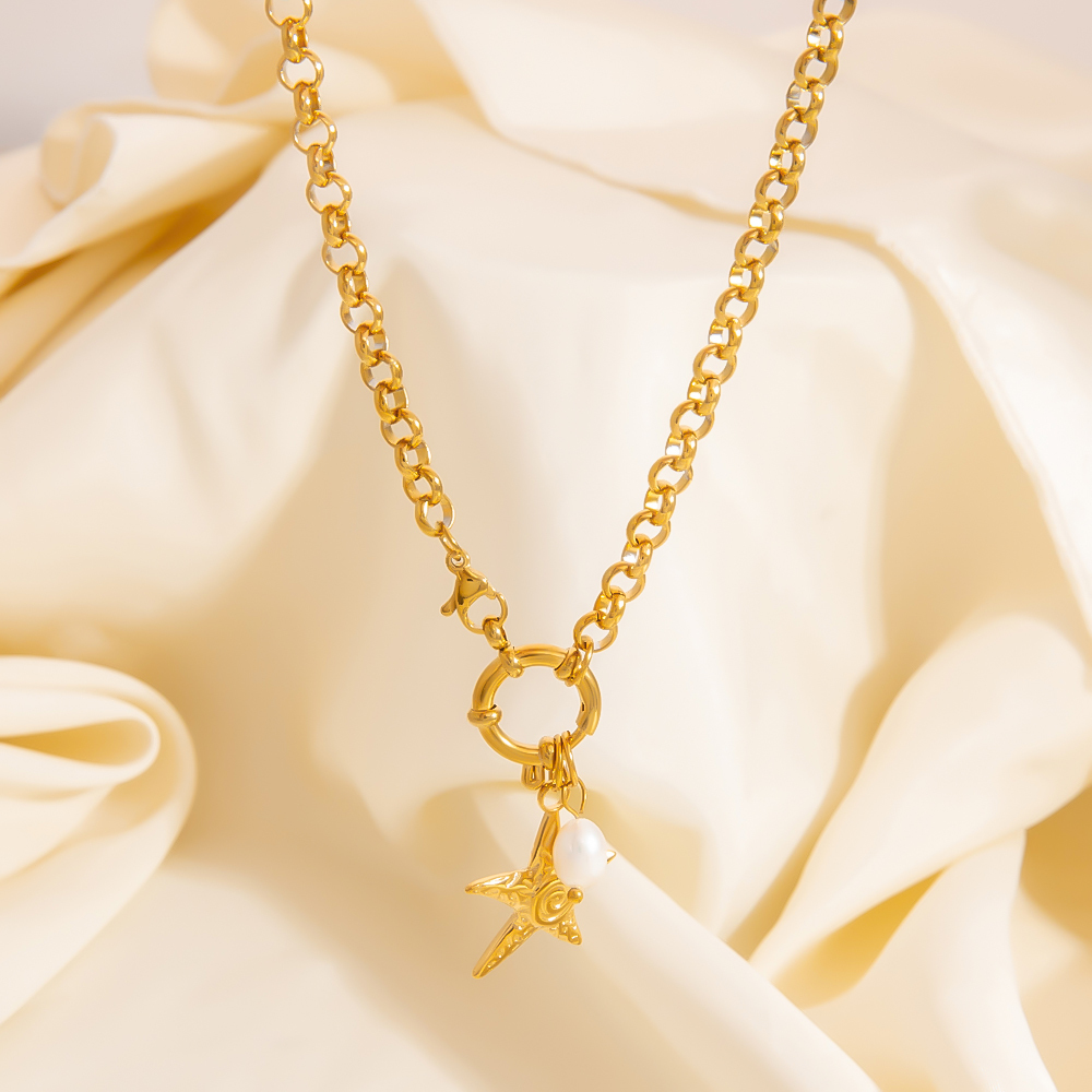 PVD Coated Real Gold Plated 18K Gold Starfish 304 Stainless Steel Luxurious Vacation Classic Style Waterproof Non Tarnish 304 Stainless Steel Lobster Trigger Clasp Closure Pendant Necklace