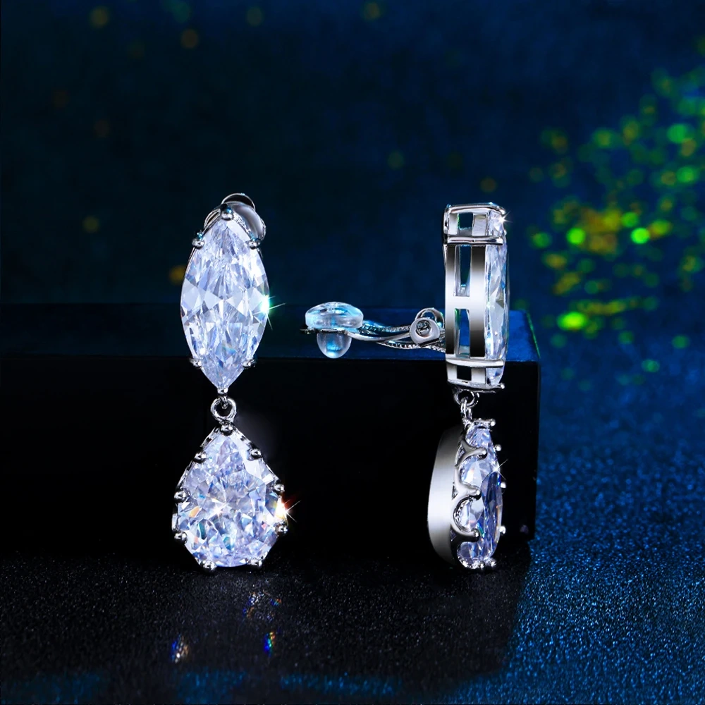 1 Pair Copper Ear Clips Elegant Sparkling Cubic Zirconia Water Drop Shape Non-Pierced Ear Clip Earrings For Women Engagement Wedding Jewelry