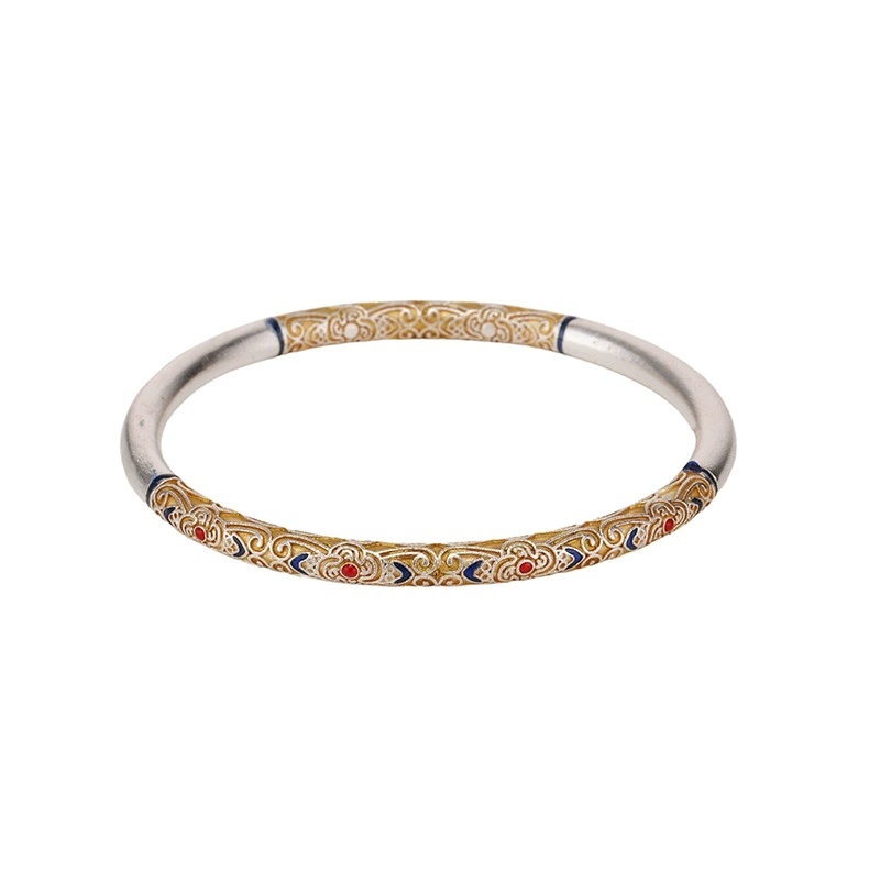 Universal Electroplated Silver-Plated Geometric Pattern Copper Bracelet Enamel Color Antique Pattern Fixed Ring Ruyi Flower Gold-Plated Bracelet Birthday Light Luxury Gift