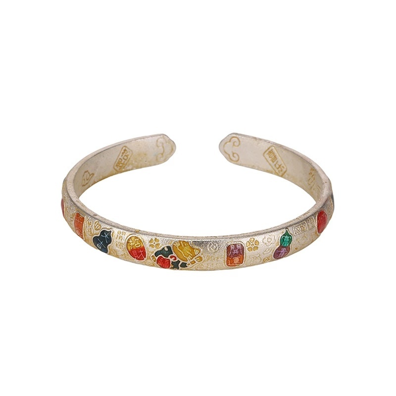 Vintage Ethnic Style Silver-Plated Bracelet Enamel Lucky Cat Auspicious Bracelet For Women New Chinese Style National Style Copper Universal Electroplated Silver Bracelet Gift For Girlfriend