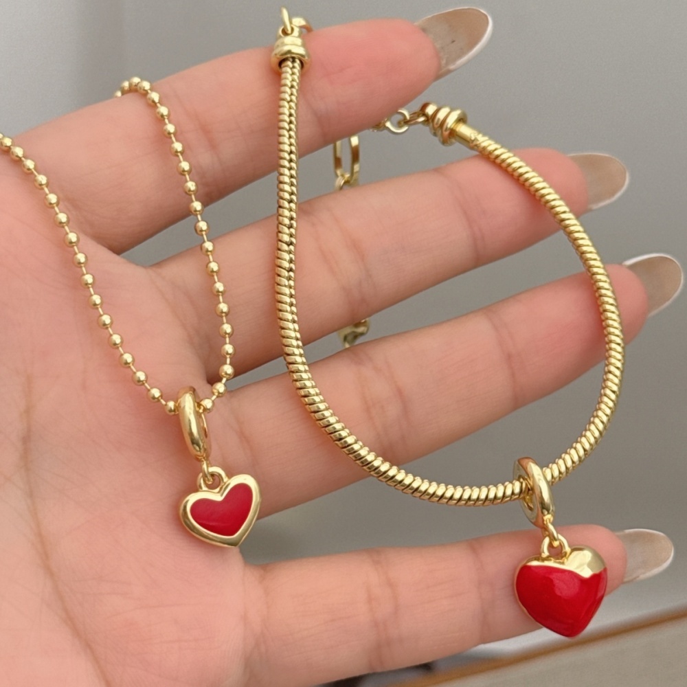 1 Set Of Heart Bracelet And Necklace Jewelry Suitable For Men And Women Couples Friends To Wear Copper Plated With 18K Gold Oil Drop Fashionable And Beautiful
