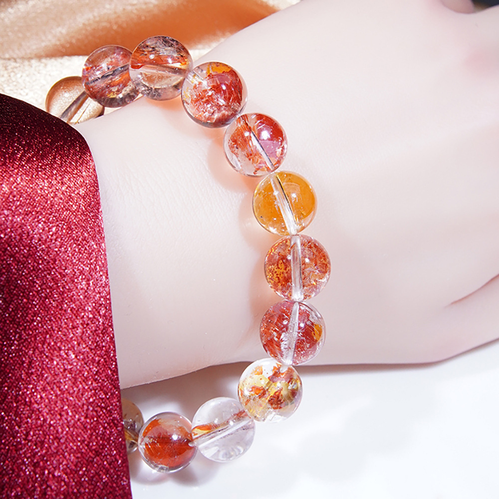 Natural Crystal Flower Bracelet Lucky Phoenix Feathers Red And Yellow Geometric Pattern Polished Round Beads Unisex Bracelet