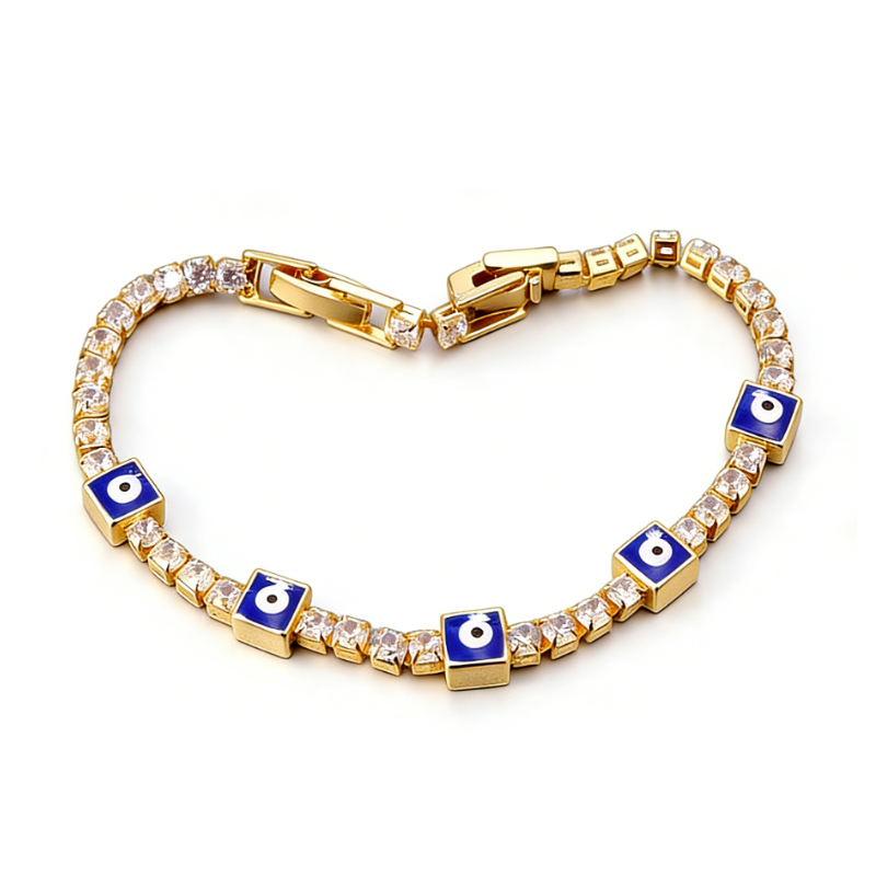 Full Diamond Classic Trendy Devil's Eye  16K Gold Plated White K Copper Water Plated Zircon Square Heart Shape Handmade Bracelet Accessories