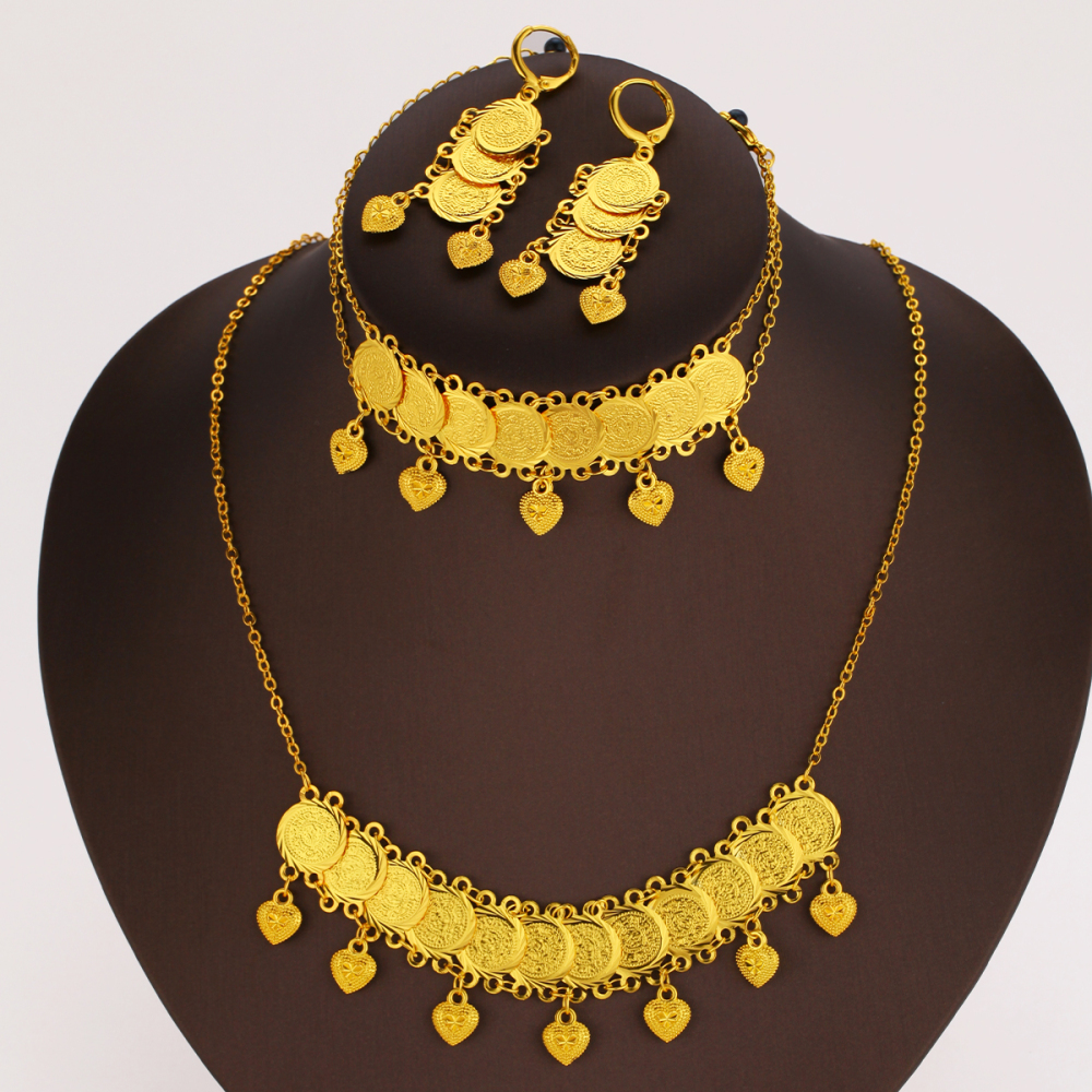 4pcs Middle Eastern Fashion Retro Heart Pendant Gold Coin Jewelry Set, Suitable For Daily Wear At Parties And Banquets, Holiday Gift