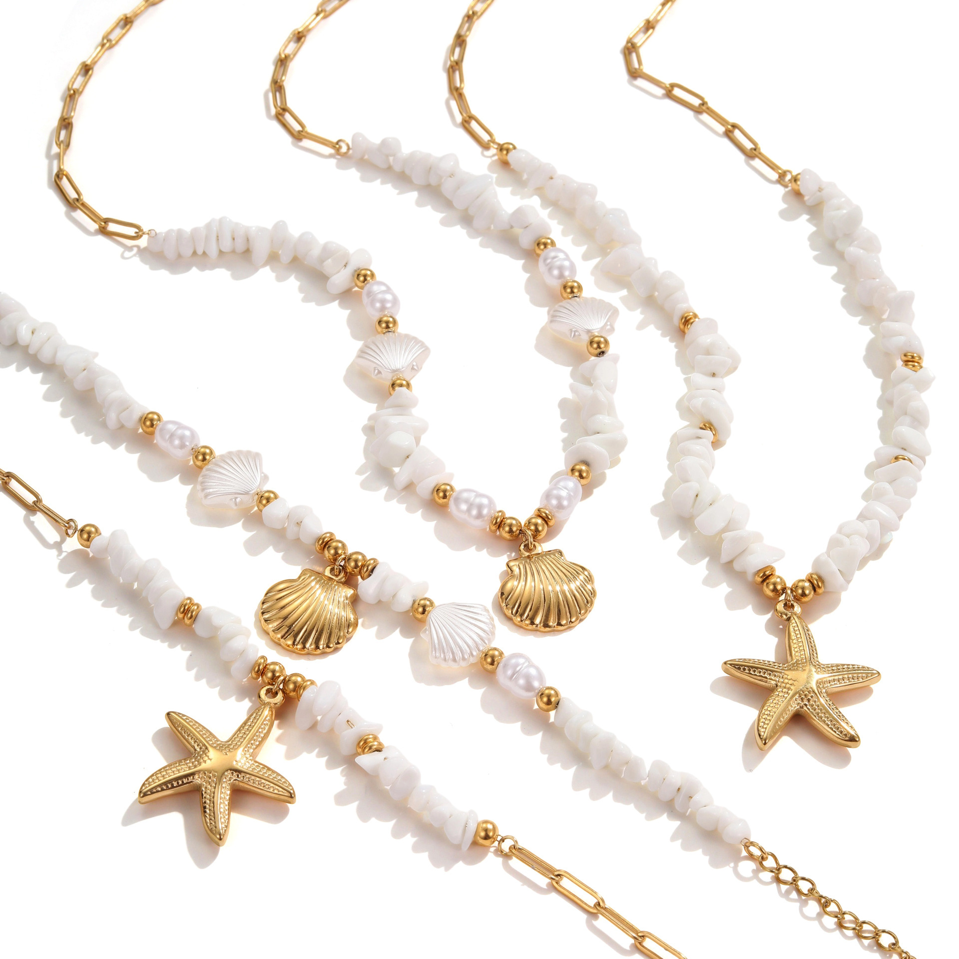 Stainless Steel Starfish Shell Pendant Necklace Colorful Electroplated Real Gold  Holiday Style Women's Jewelry