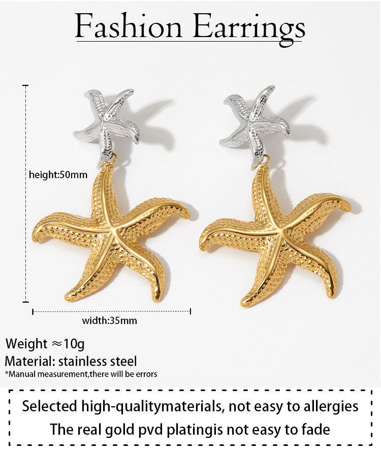 304 Stainless Steel Starfish PVD Coated Stone-Free Real Gold Plated Marine Style Beach Waterproof Non Tarnish Drop Earrings