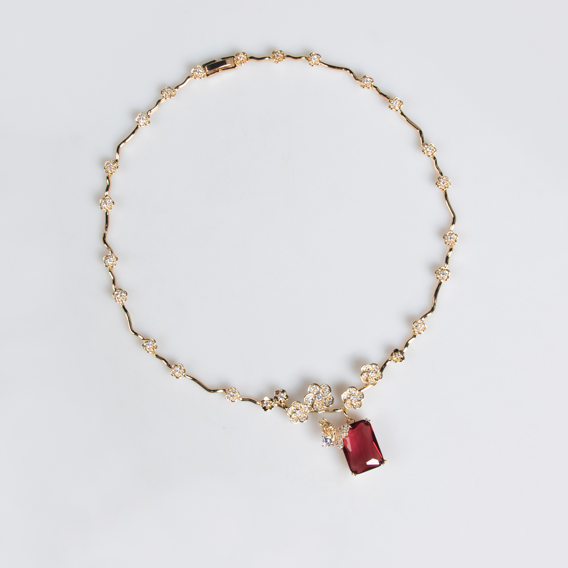 Fashionable Red Ruby Necklace Earring Set Simple Versatile Square Zirconia Pendant Clavicle Chain Jewelry Set For Women