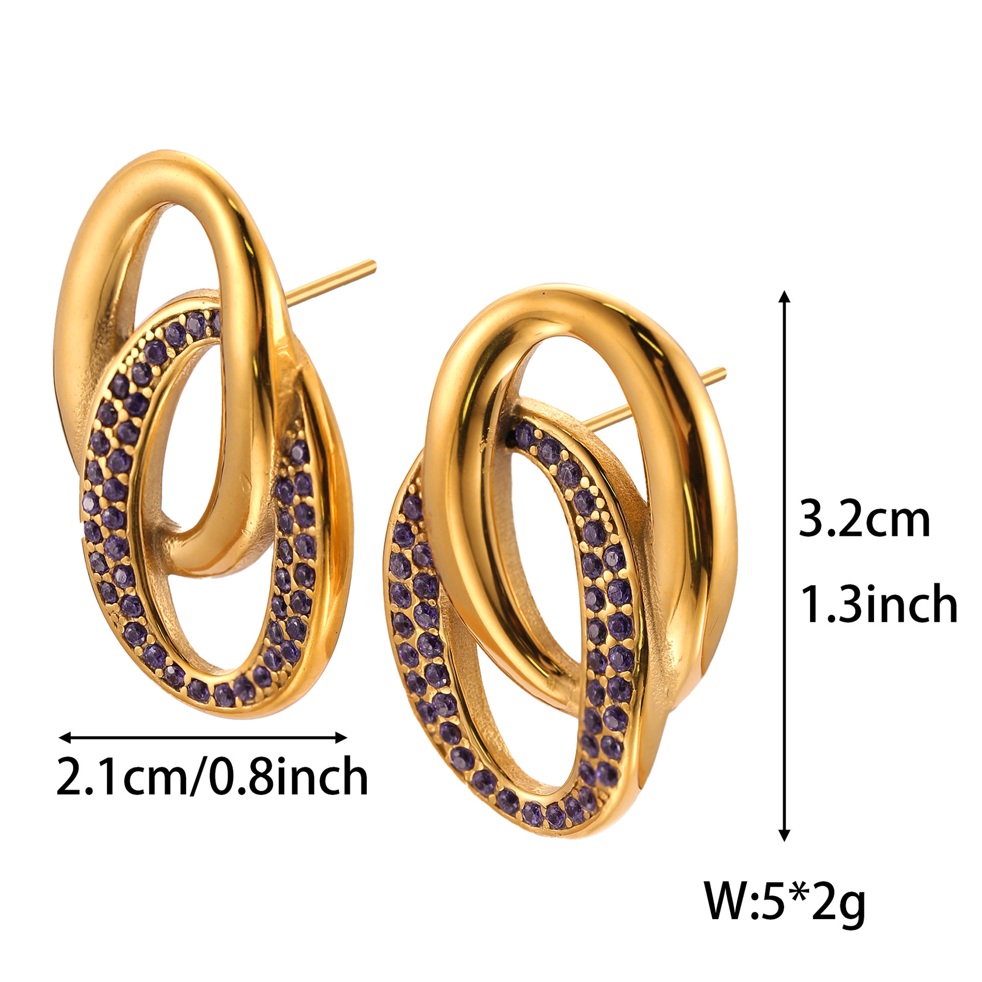 UV Electroplated 18K Real Gold Stainless Steel Casting Double O Splicing Zirconia Earrings Niche European And American Style Trendy Fashion Earrings