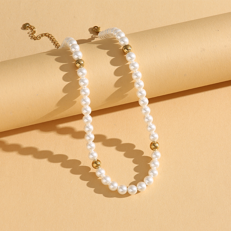 PVD Coated Real Gold Plated 18K Gold Round 304 Stainless Steel Glass Pearl Simple Style Classic Style Waterproof Non Tarnish 304 Stainless Steel Glass Pearl Necklace