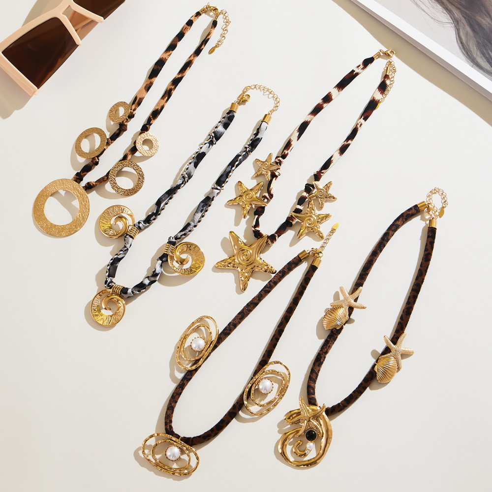 304 Stainless Steel Leopard Print Scarf Multi Pendant Necklace 18k Gold Plated West Coast Beach Style Agate Jewelry