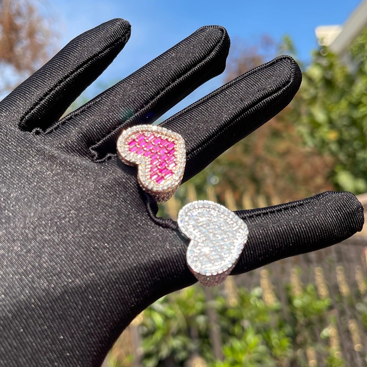 Fashionable Hip Hop Heart Shaped Zircon Ring Gold Plated Brass Square Cut Personalized Trendy Ring For Men Jewelry Accessories