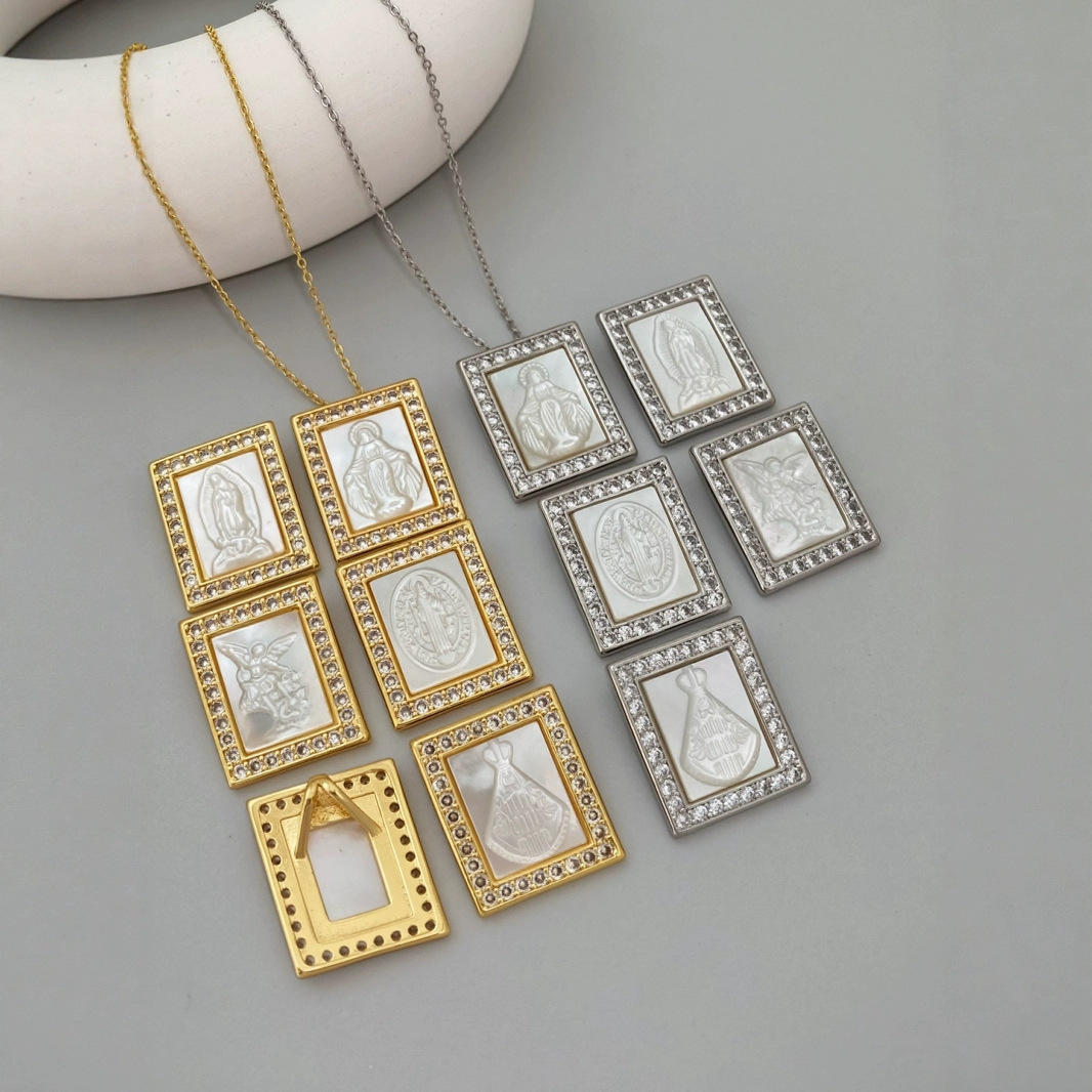 Square Natural Mother-of-Pearl Zircon Jesus Sacred Heart Pendant Women's  Necklace Shell Diy Jewelry Accessories