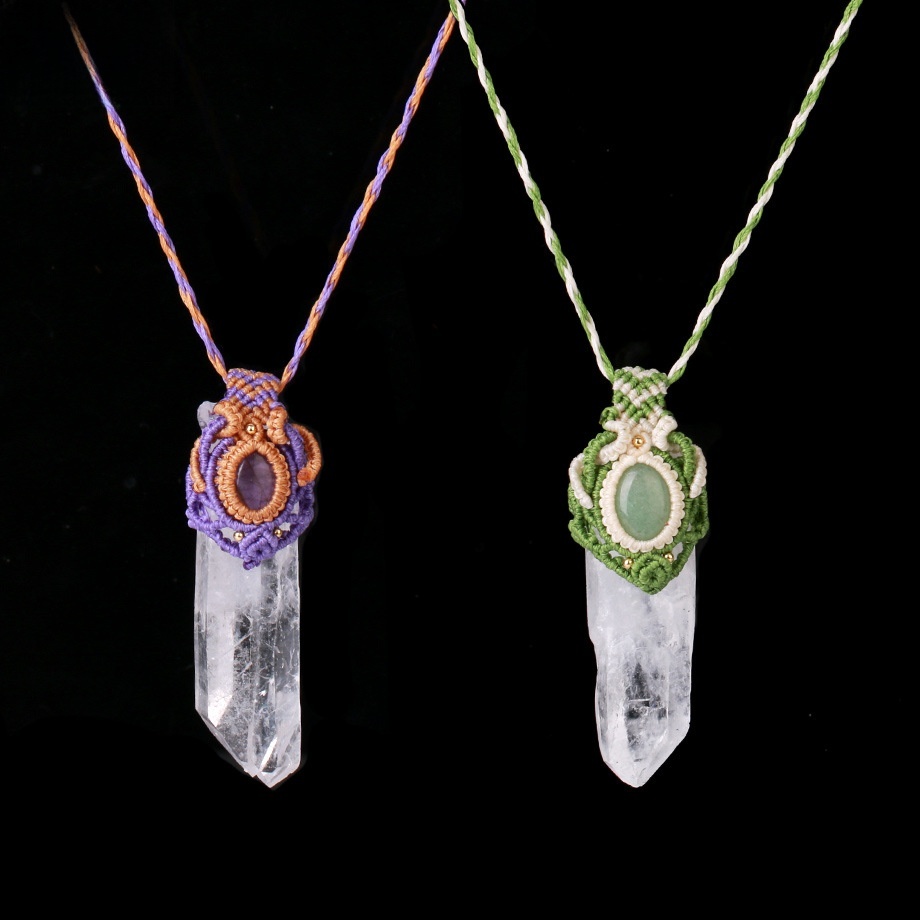 Natural Stone White Crystal Pendant Necklace Woven Rope Wrapped Oval Beads Unisex Jewelry CSJA Irregular Design Crystal Accessories