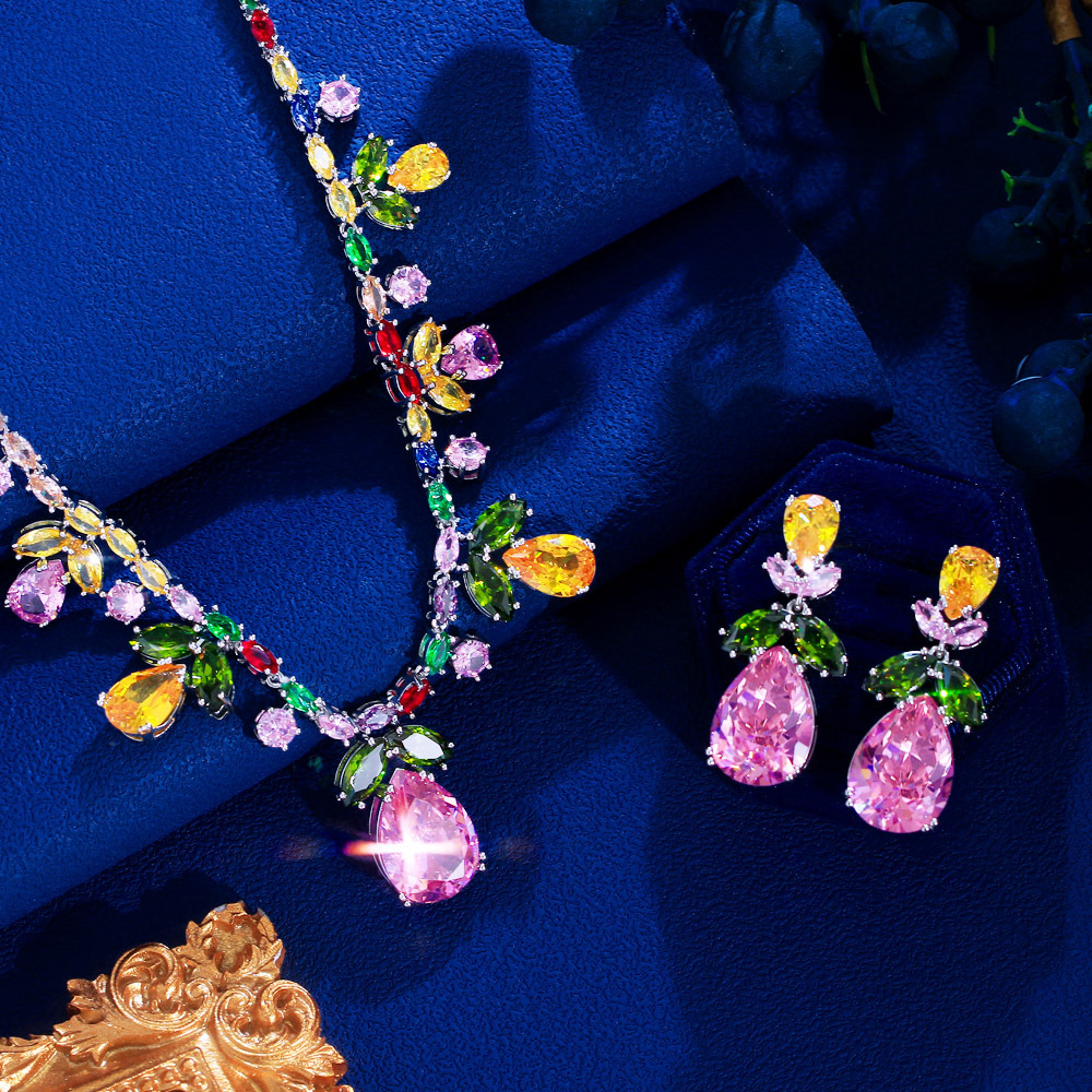 2 Piece Women's Rainbow Cubic Zirconia Necklace Set Chunky Statement Bridal Party Jewelry Gift With Waterdrop Flower Design