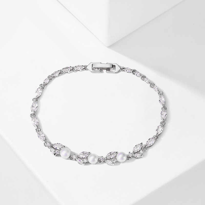 RAKOL New Luxury Light Weight Micro Paved Zircon Pearl Bracelet For Women Fashionable Versatile Hand Jewelry Geometric Pattern