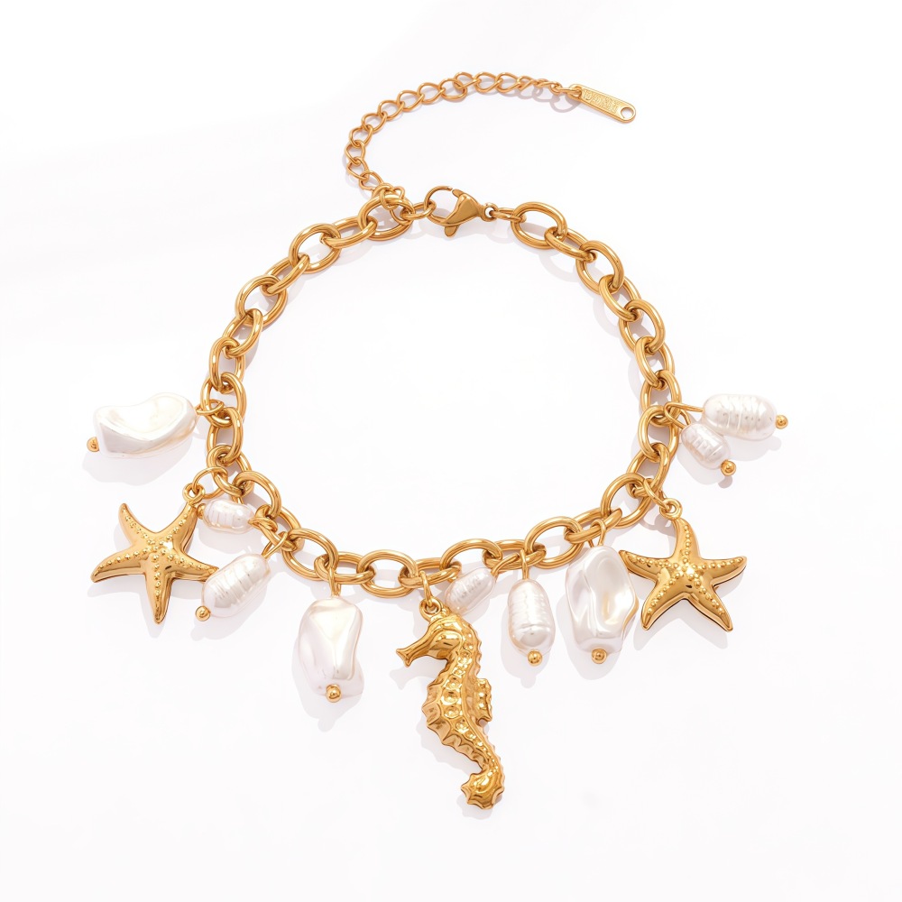 18K Gold Plated 304 Stainless Steel Vacuum Electroplated Artificial Pearl Ocean Bracelet Women's Jewelry Accessories Waterproof Non-Fading Three-Dimensional Asymmetric Handmade Chain