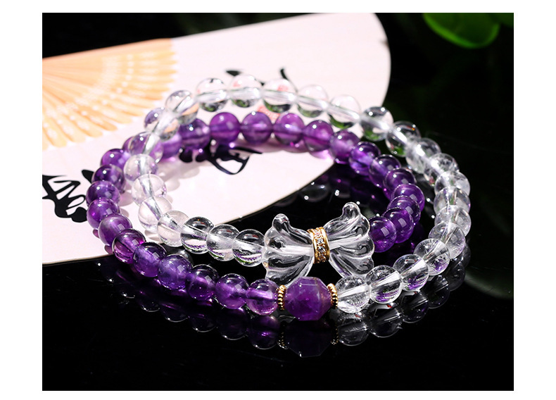 JD Jewelry Double Ring Bracelet Natural Amethyst White Crystal Bow Simple Style Fashion Sweet Style Women's Accessories