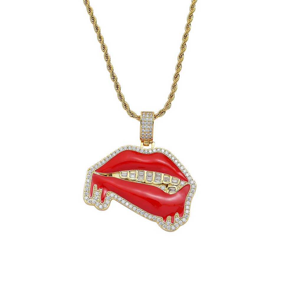 Big Red Lip Pendant Hip Hop Nightclub Dominant Wild Rap Accessories Red Lip Saliva Mouth Pendant Geometric Pattern Copper