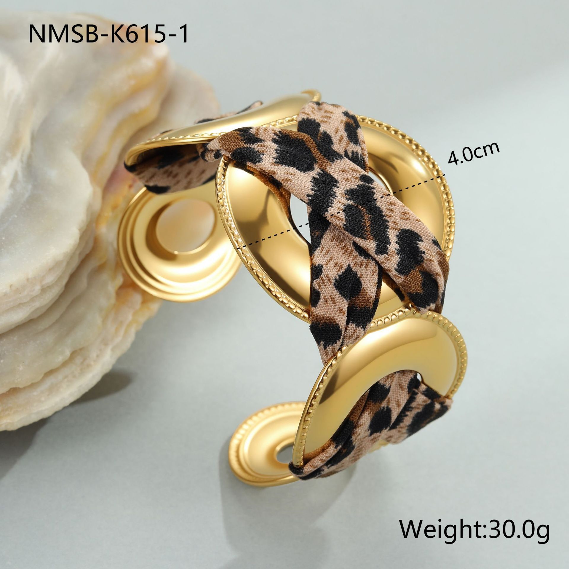 Stainless Steel Wide Open Bracelet With Leopard Print Ribbon Fashionable European Style Gold Plated Accessory For Women