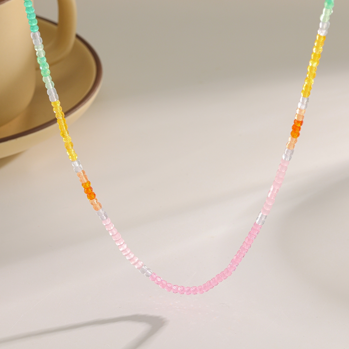 304 Stainless Steel Zircon Geometric Pattern Vacuum Plating (In Furnace) 18K Real Gold Plated Beaded Chain Lobster Clasp Colorful Gold Necklace For Women Elegant Basic Style (Simple Design) Novel Design