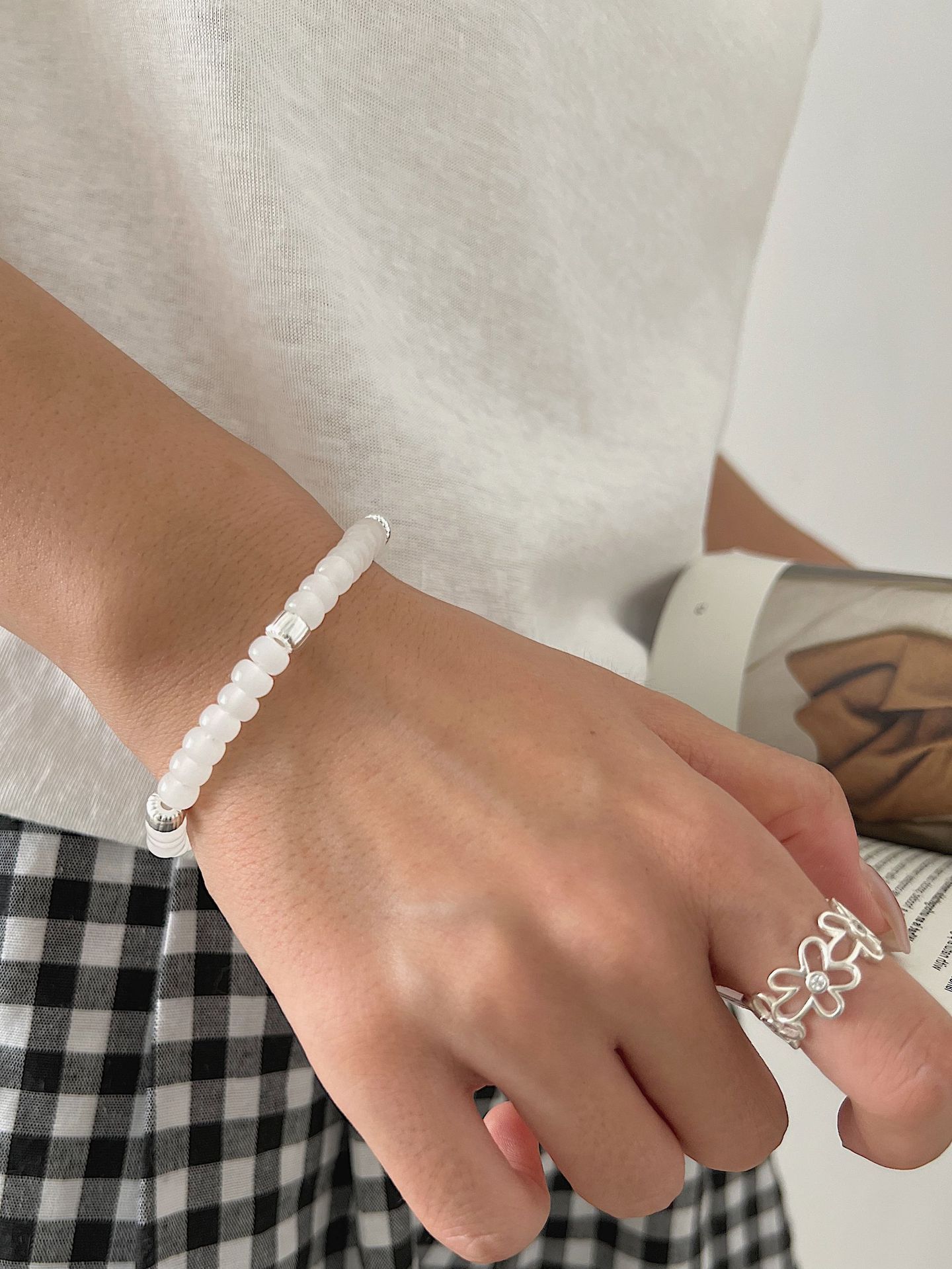 New Natural Stone Agate S925 Pure Silver Beaded Elastic Colorful Fashionable Macaron Hand Bracelet New Style Women's Accessory