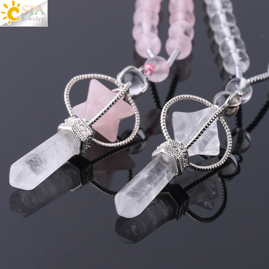 Natural White Crystal Column Long Necklace Merkaba Stone Bead Women's Sweater Chain Autumn Winter Versatile Simple Style Copper Accessories