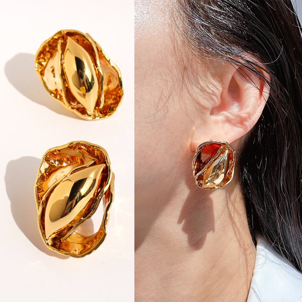 Handmade Wrinkled Hammered Pattern Bud Seed Exaggerated Earrings Unique Oval Personality Stud Earrings Women's Fashion Jewelry 1076