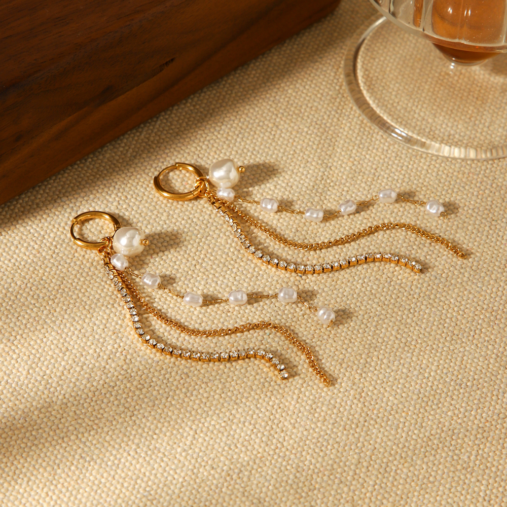 304 Stainless Steel Earrings Pearl Chain Zircon Chain Tassel Earrings Light Luxury High-end Long Earrings Versatile Accessories Vacuum Electroplating 18K Real Gold Plated