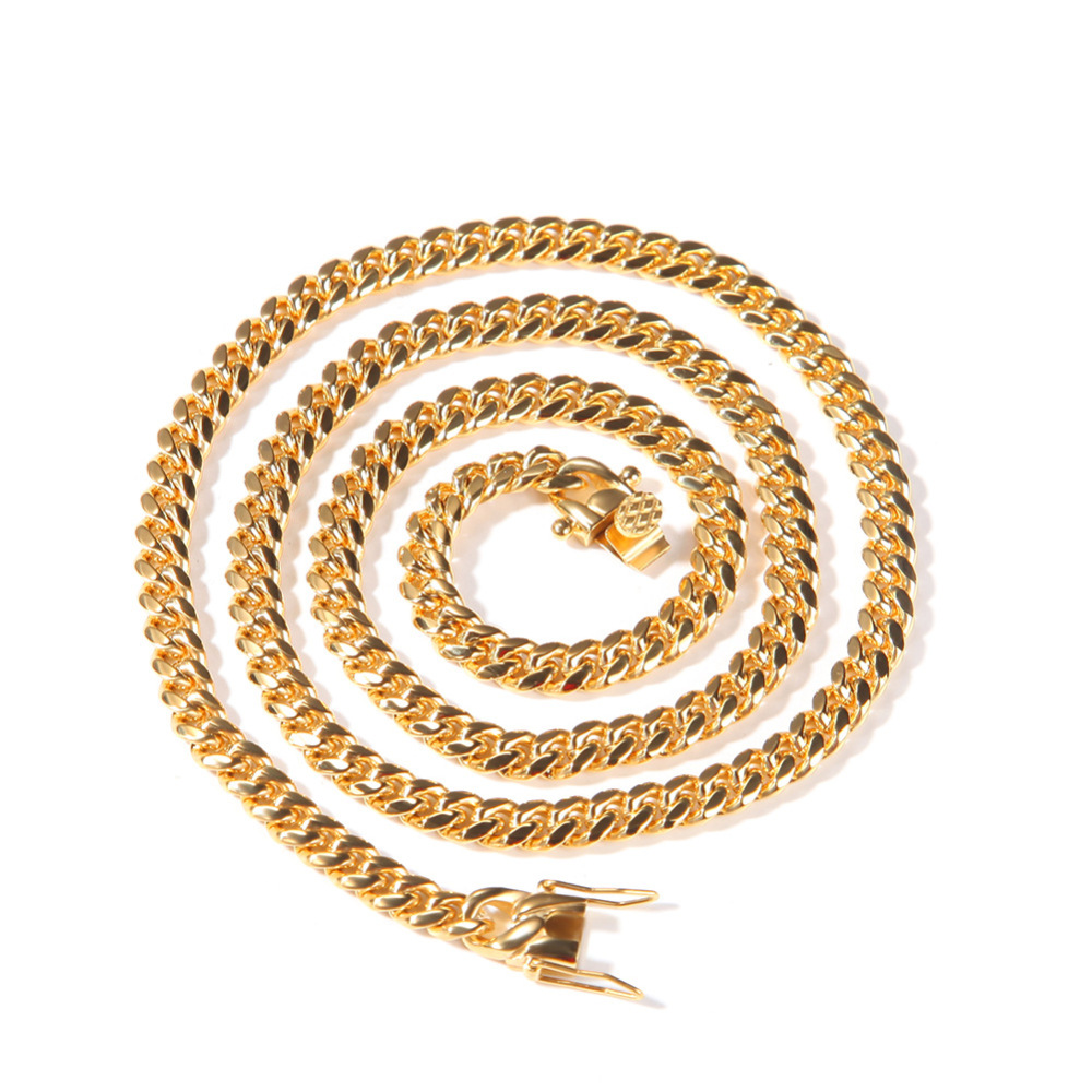 Fashion European And American Hip-Hop Gold-Plated Titanium Steel 6mm Cuban Necklace Men's 316L Stainless Steel Vacuum Electroplated Solid Color Bracelet Fashion Accessories Jewelry