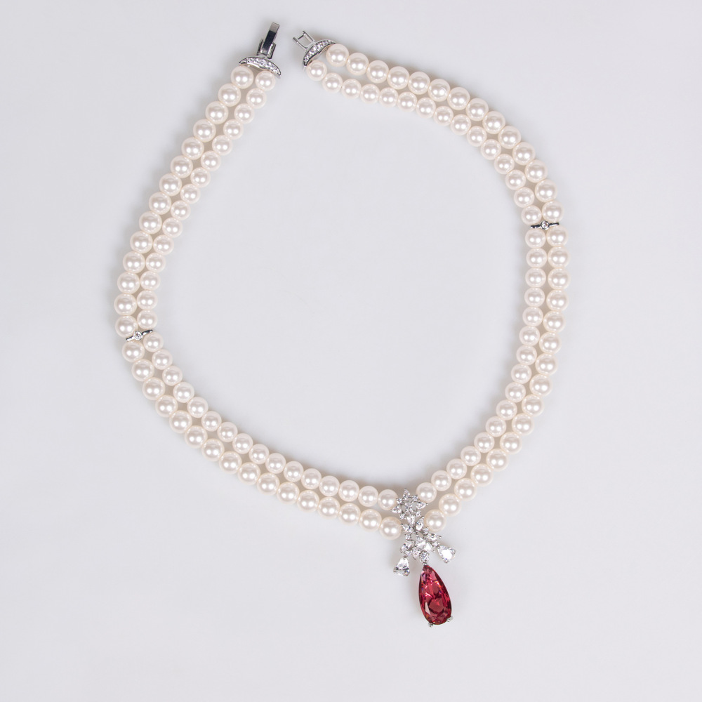 Double Layer Pearl Zircon Necklace Set With Waterdrop Earrings For Banquet Dresses  Style Jewelry Accessories