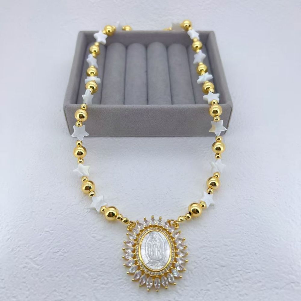 European And American Hot-Selling Color-Retaining Electroplated Micro-Inlaid Zircon Shell Virgin Mary Cross Acrylic Pearl Copper Simple Style Lobster Clasp Necklace